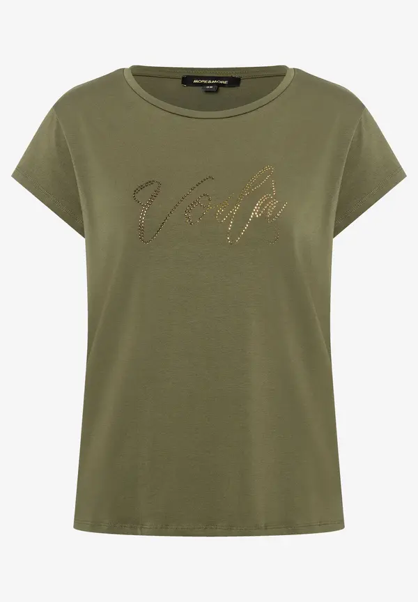 More & More T-Shirt mit Strass-Schriftzug, oliv Rabatt