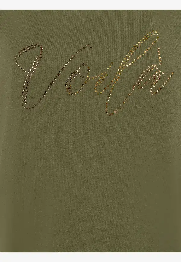 More & More T-Shirt mit Strass-Schriftzug, oliv Rabatt
