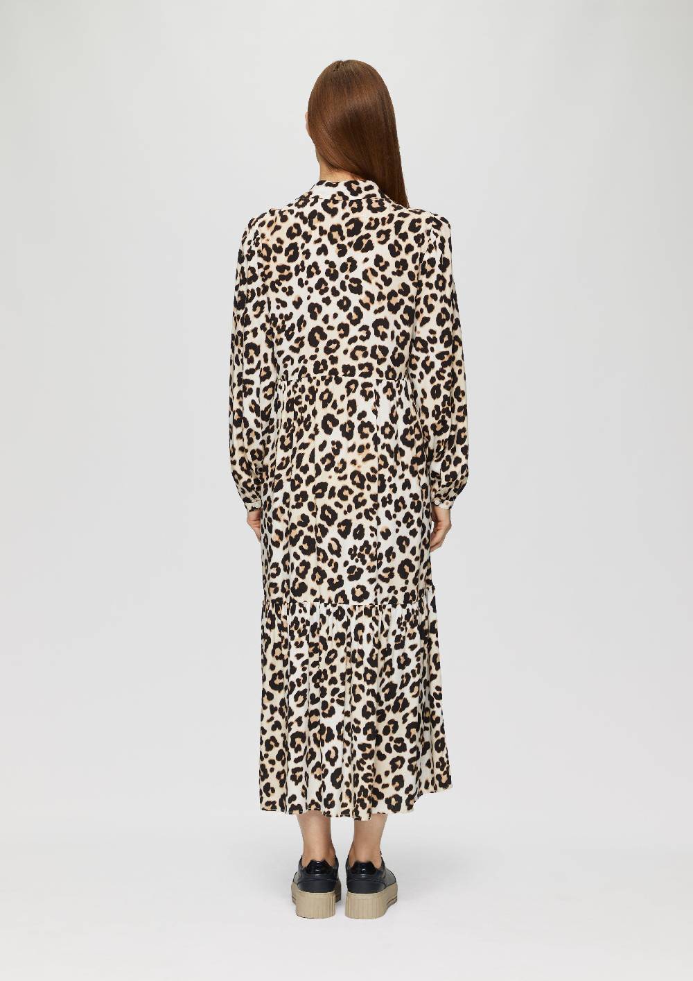s.Oliver Langes Viskosekleid mit Leo-Muster und Volants Kostenloser Versand