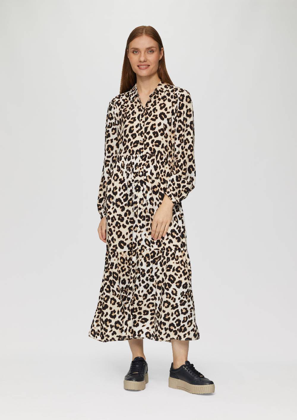 s.Oliver Langes Viskosekleid mit Leo-Muster und Volants Kostenloser Versand