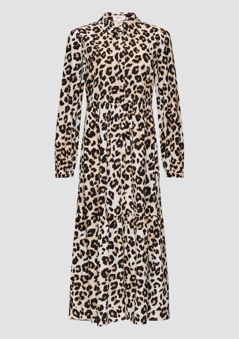 s.Oliver Langes Viskosekleid mit Leo-Muster und Volants Kostenloser Versand