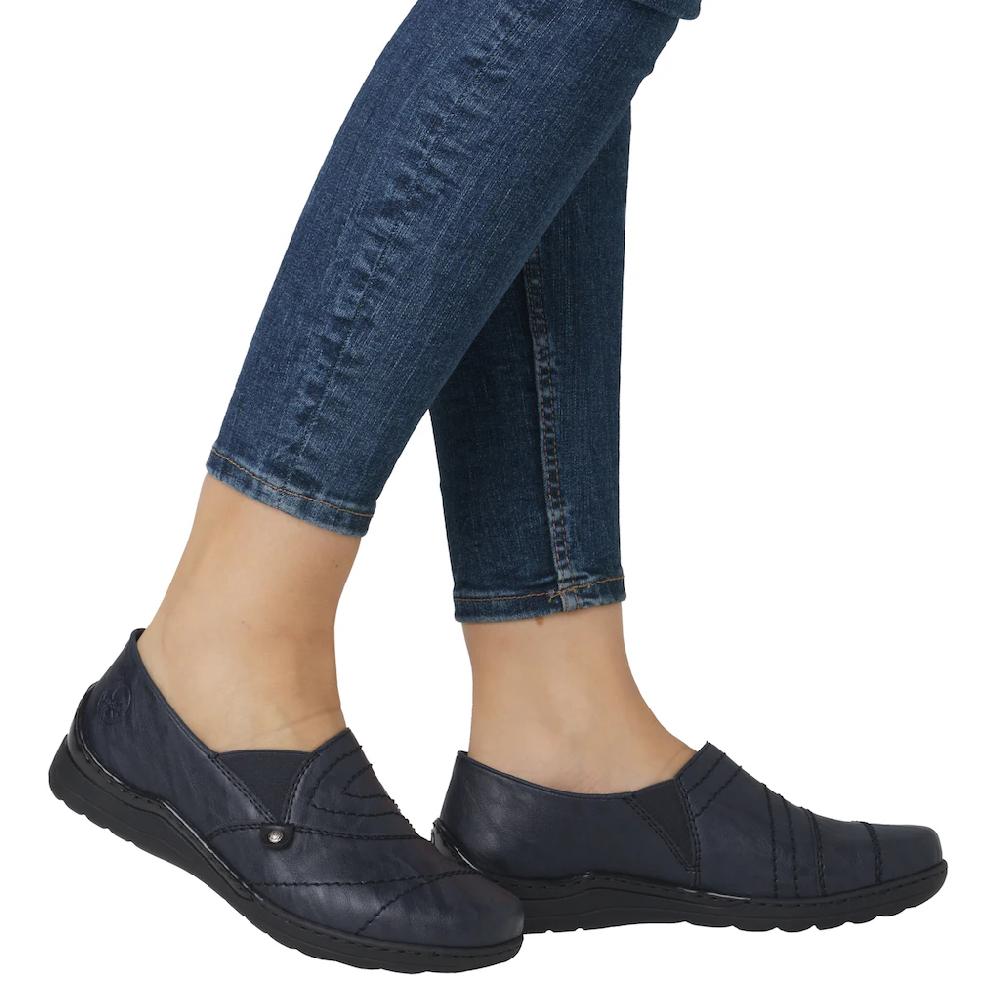Rieker Slipper Schlupfschuh Halbschuh Slip on mit Stretcheinsatz und Ziersteppung kaufen Tiefpreis