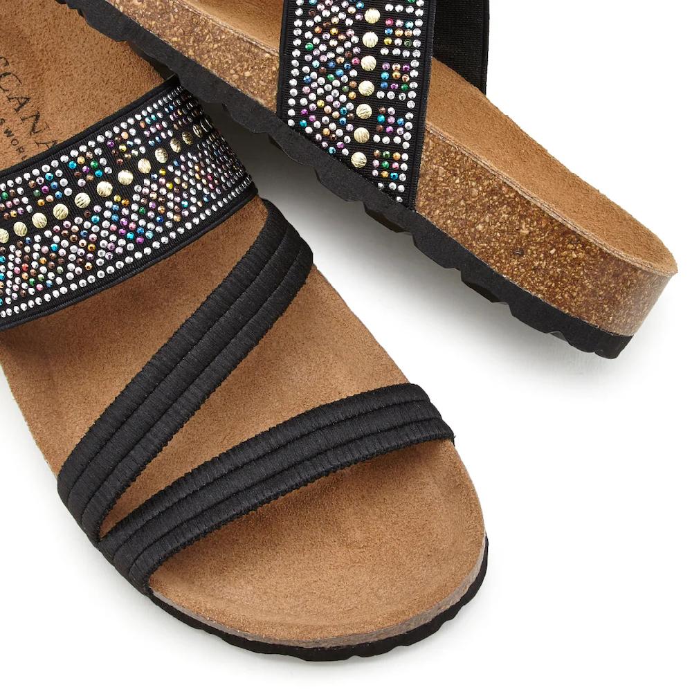LASCANA Pantolette Mule Sandale offener Schuh mit Korkfußbett und elastischen Riemen Sonderangebote