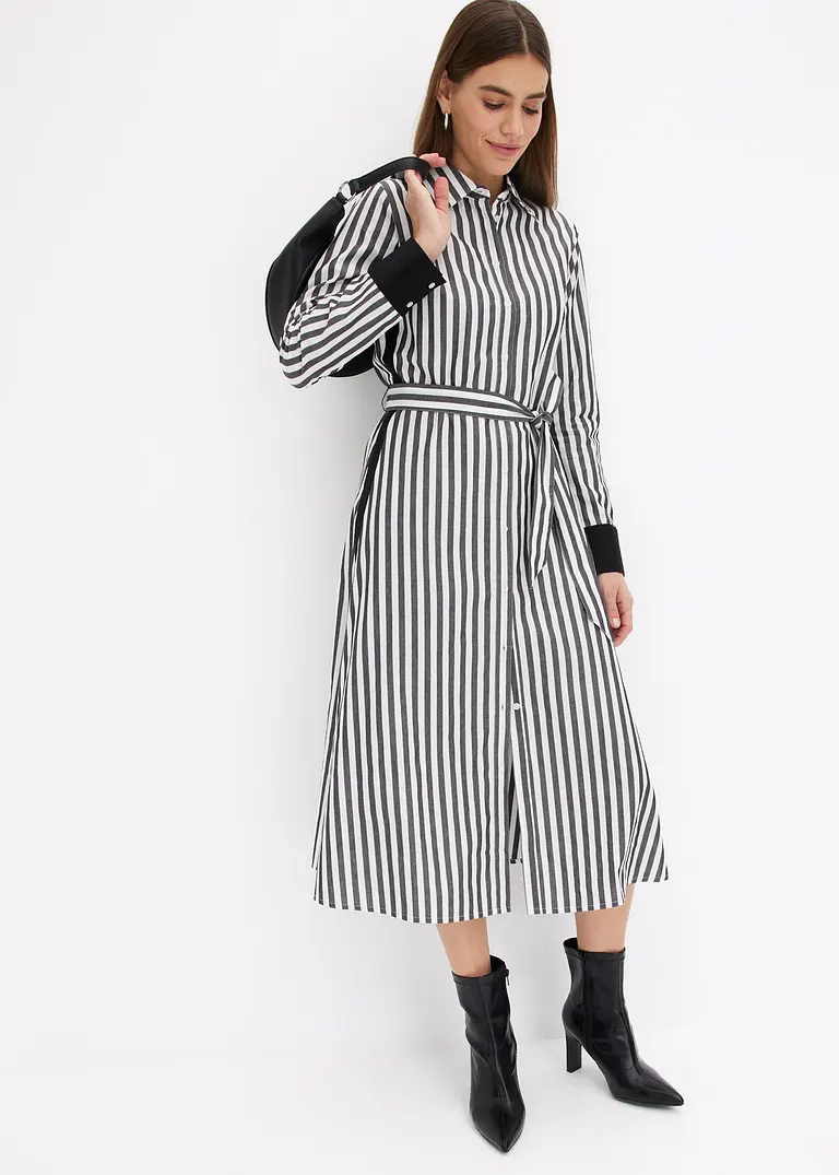 bonprix Hemdblusenkleid mit Kontraststreifen - schwarz - Damen Weihnachtsangebot