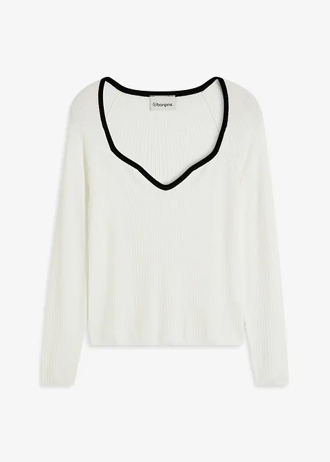 bonprix Pullover mit Kontrast-Piping am Ausschnitt - weiß