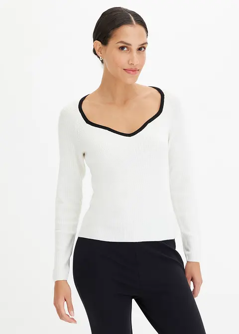 bonprix Pullover mit Kontrast-Piping am Ausschnitt - weiß Große Rabatte