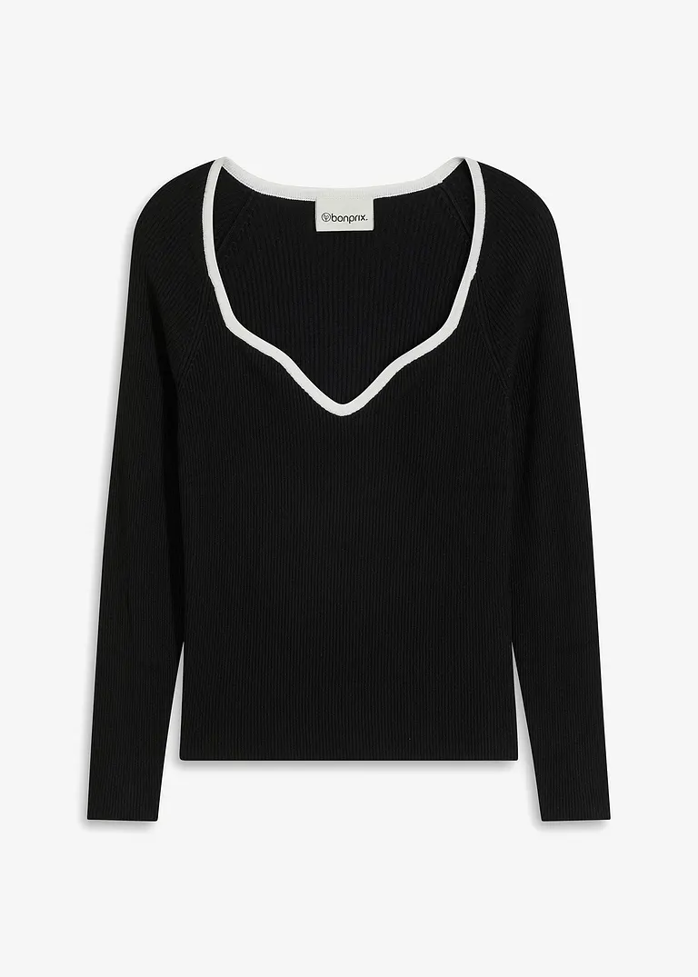 bonprix Pullover mit Kontrast-Piping am Ausschnitt - schwarz