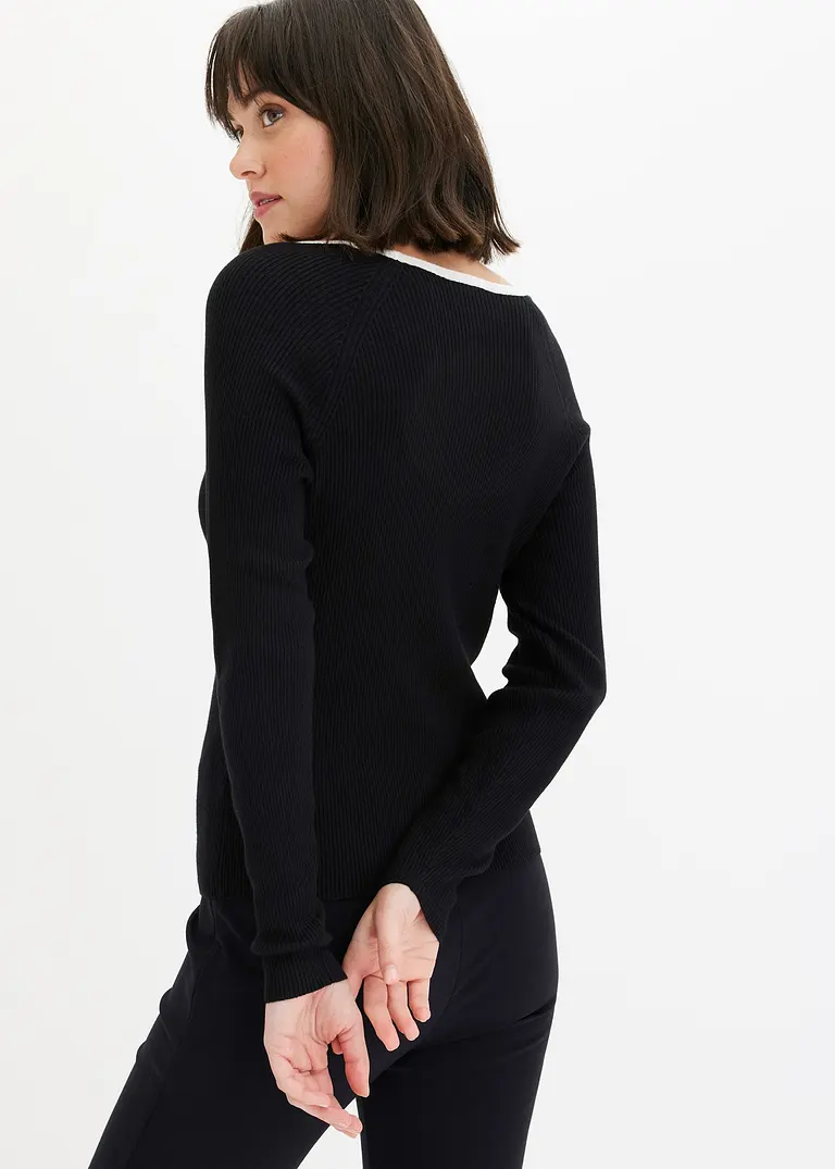 bonprix Pullover mit Kontrast-Piping am Ausschnitt - schwarz Neuheiten