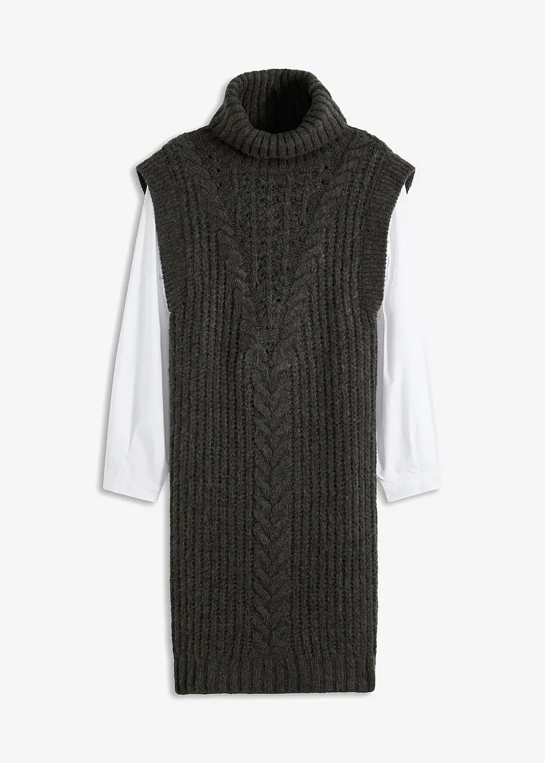 bonprix modisches Strickkleid mit Blusenärmeln und Zopfmuster. - grau