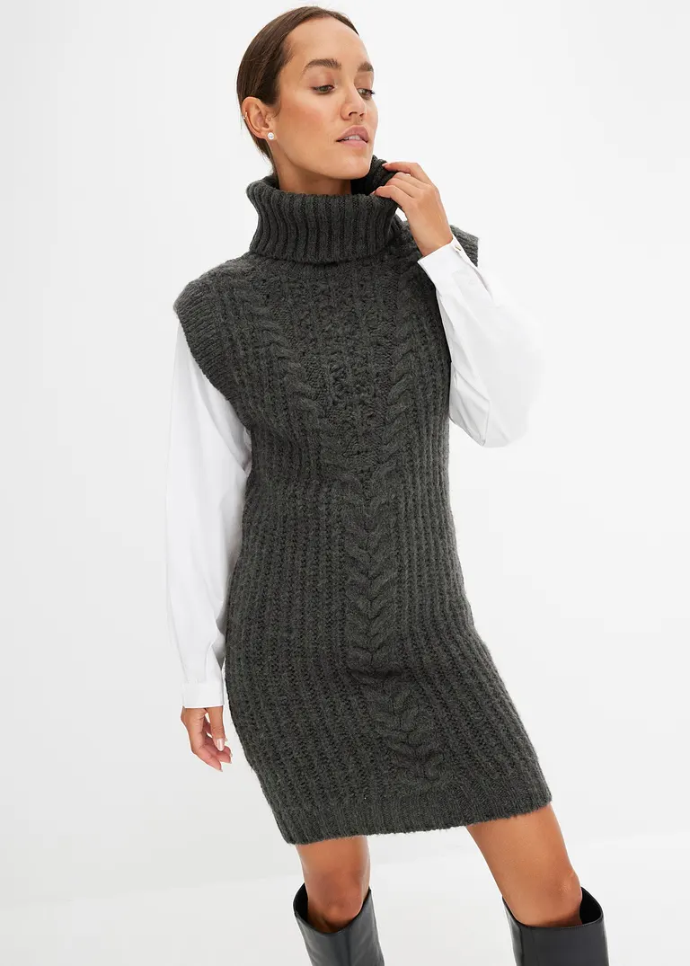bonprix modisches Strickkleid mit Blusenärmeln und Zopfmuster. - grau Räumungsverkauf