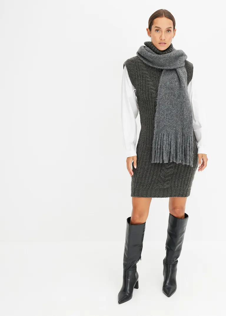 bonprix modisches Strickkleid mit Blusenärmeln und Zopfmuster. - grau Räumungsverkauf