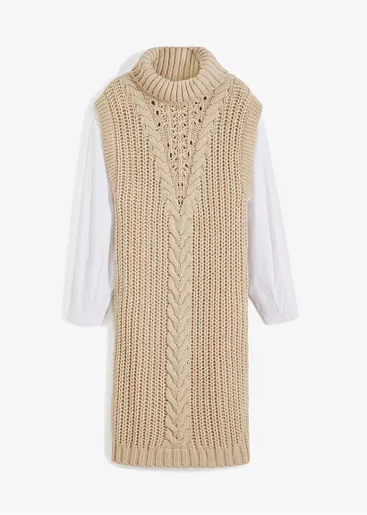 bonprix modisches Strickkleid mit Blusenärmeln und Zopfmuster. - beige
