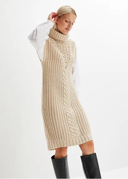 bonprix modisches Strickkleid mit Blusenärmeln und Zopfmuster. - beige Kauf eins, bekomm eins gratis