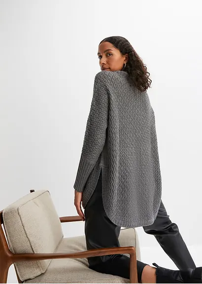 bonprix Modischer Oversize-Pullover mit Ajour-Muster sowie einem großen Rollkragen und zwei seitlichen Schlitzen Tägliche Deals