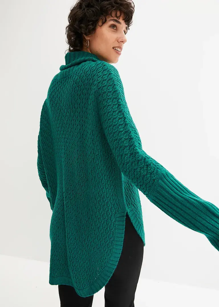 bonprix Modischer Oversize-Pullover mit Ajour-Muster sowie einem großen Rollkragen und zwei seitlichen Schlitzen Sonderangebote