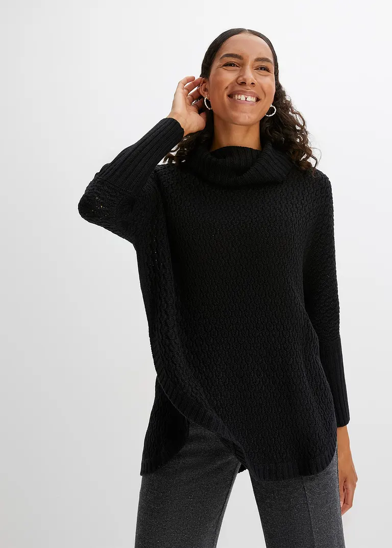 bonprix Modischer Oversize-Pullover mit Ajour-Muster sowie einem großen Rollkragen und zwei seitlichen Schlitzen VIP-Rabatte