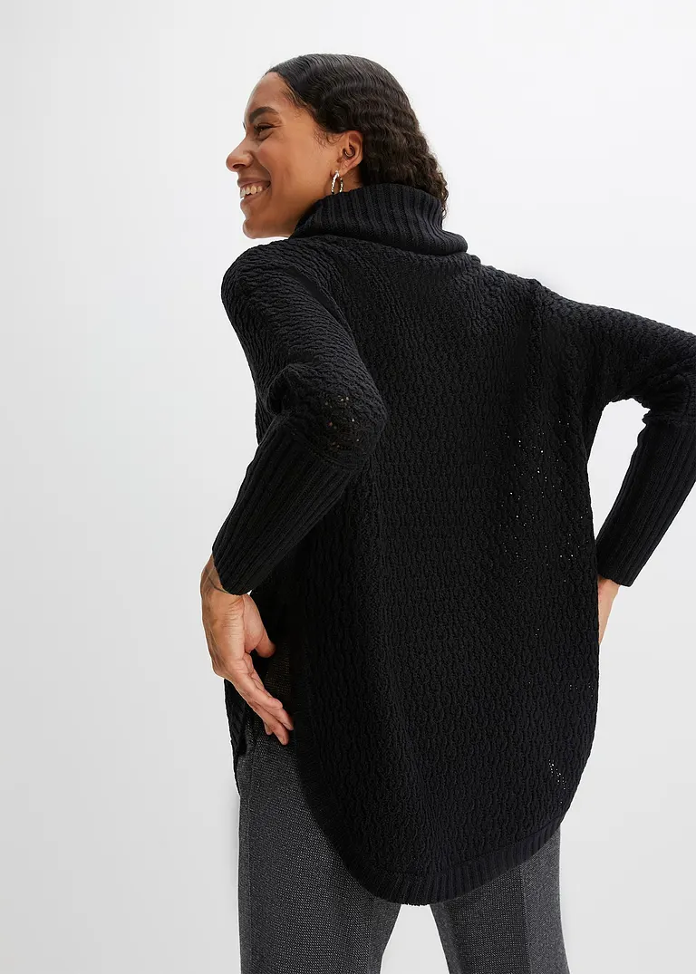 bonprix Modischer Oversize-Pullover mit Ajour-Muster sowie einem großen Rollkragen und zwei seitlichen Schlitzen VIP-Rabatte