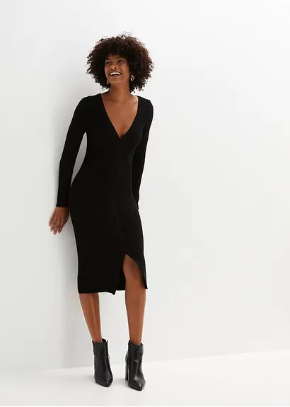bonprix Feminines figurbetontes Strickkleid mit Schlitz - schwarz - Damen Tiefpreis