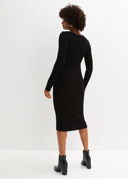 bonprix Feminines figurbetontes Strickkleid mit Schlitz - schwarz - Damen Tiefpreis