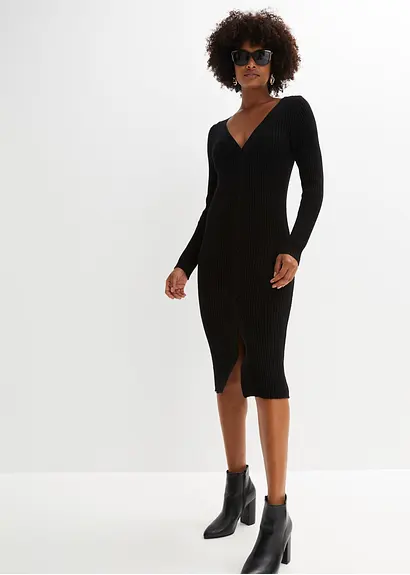 bonprix Feminines figurbetontes Strickkleid mit Schlitz - schwarz - Damen Tiefpreis