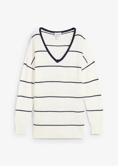 bonprix Pullover mit Allover Streifen-Dessin und V-Ausschnitt - weiß