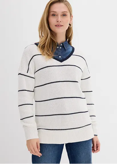 bonprix Pullover mit Allover Streifen-Dessin und V-Ausschnitt - weiß Begrenzte Freigabe