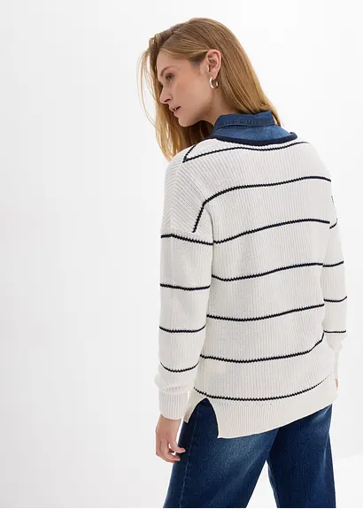 bonprix Pullover mit Allover Streifen-Dessin und V-Ausschnitt - weiß Begrenzte Freigabe