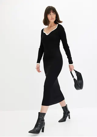 bonprix Strickkleid mit Kontrast-Abschluss am Ausschnitt - schwarz 50% Rabatt mit kostenlosem Versand