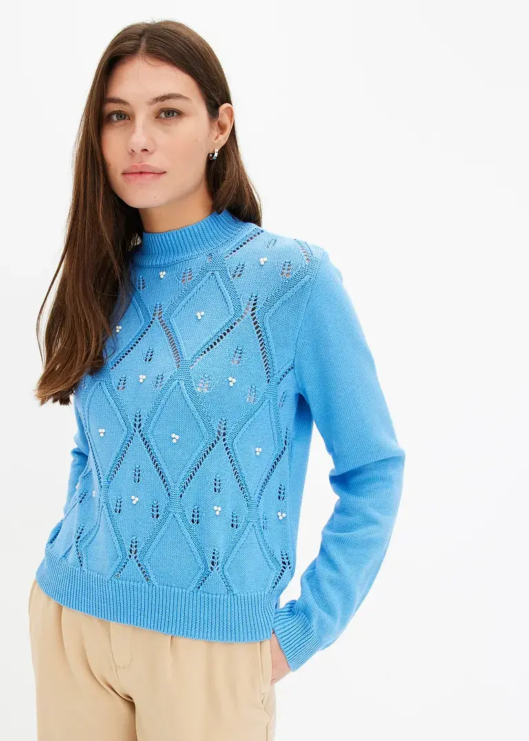 bonprix Kuscheliger Pullover mit Ajourmuster und Perlen - blau Clearance-Verkauf