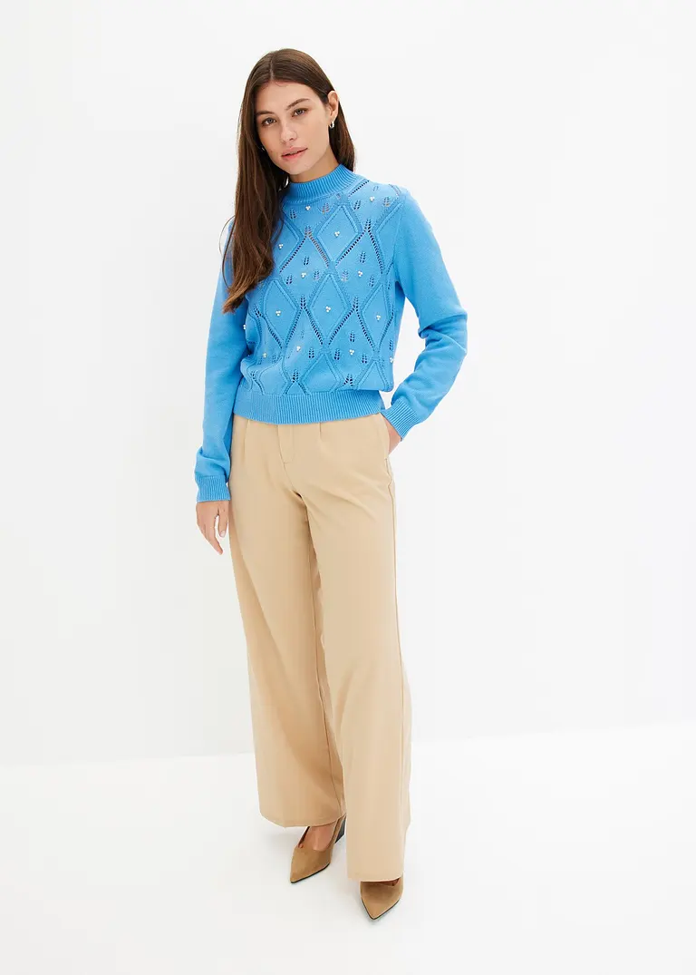 bonprix Kuscheliger Pullover mit Ajourmuster und Perlen - blau Clearance-Verkauf