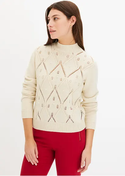 bonprix Kuscheliger Pullover mit Ajourmuster und Perlen - beige Kostenloser Versand international