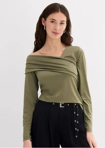 bonprix Figurbetonendes Langarmshirt mir asymmetrischem Ausschnitt und Raffungen Angebote