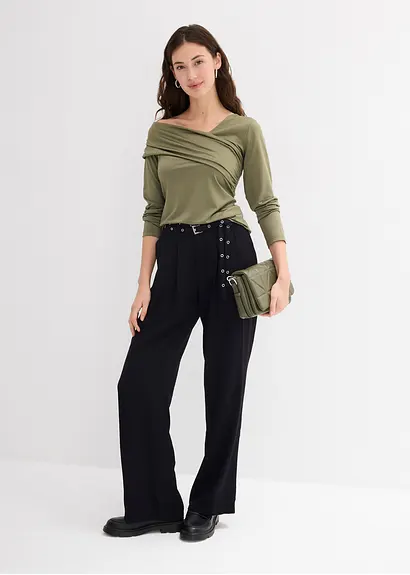 bonprix Figurbetonendes Langarmshirt mir asymmetrischem Ausschnitt und Raffungen Angebote