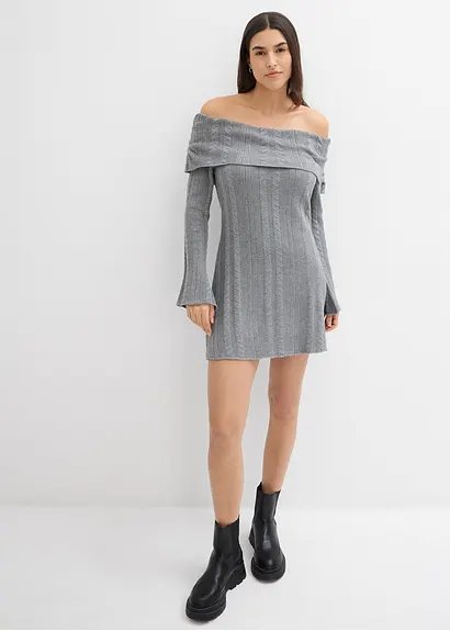 bonprix Modernes kurz geschnittenes Carmen-Kleid aus Strick - grau im Angebot