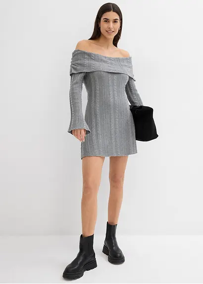 bonprix Modernes kurz geschnittenes Carmen-Kleid aus Strick - grau im Angebot