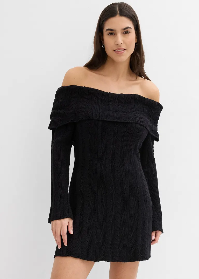 bonprix Modernes kurz geschnittenes Carmen-Kleid aus Strick - schwarz Schlussverkauf
