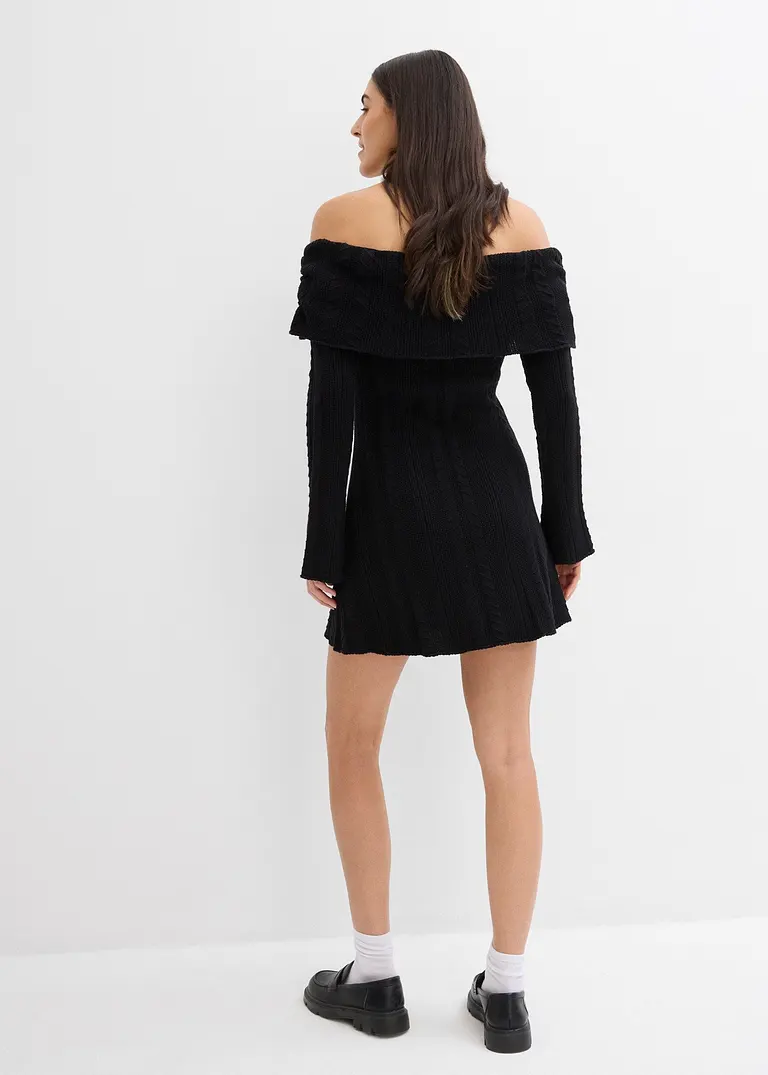 bonprix Modernes kurz geschnittenes Carmen-Kleid aus Strick - schwarz Schlussverkauf
