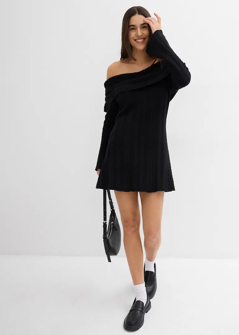 bonprix Modernes kurz geschnittenes Carmen-Kleid aus Strick - schwarz Schlussverkauf
