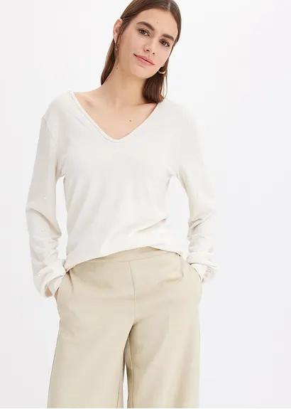 bonprix Kuscheliges Shirt mit dekorativen Perlen - beige Günstiger Verkauf
