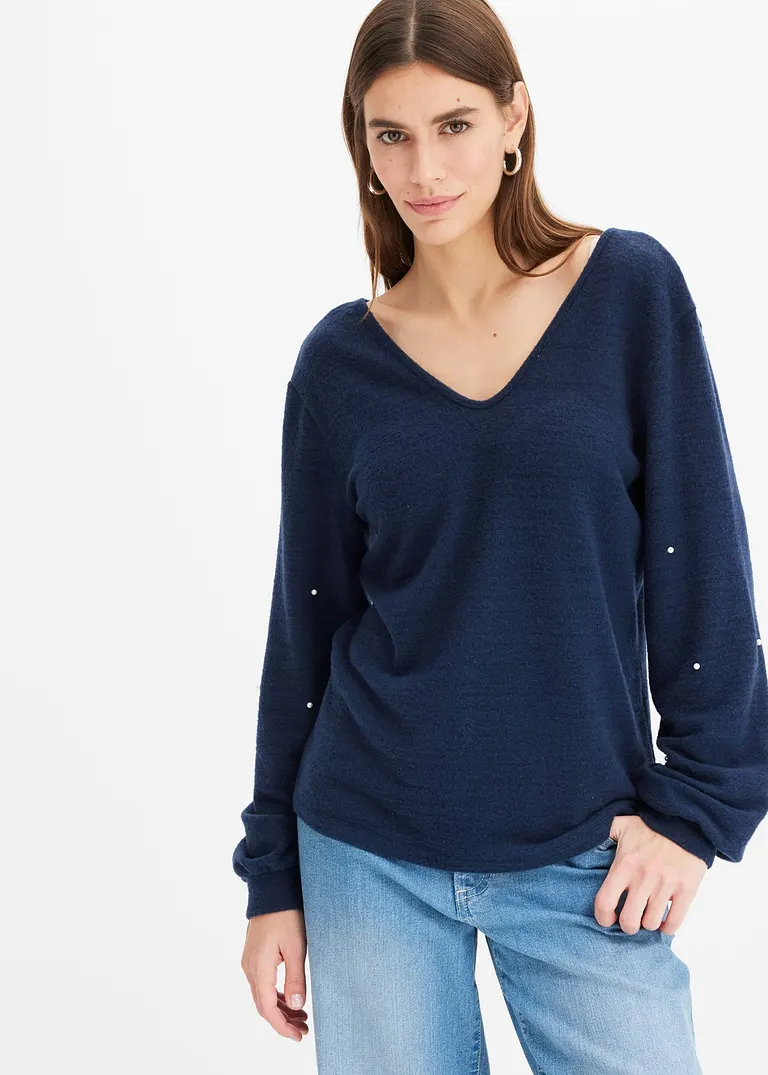 bonprix Kuscheliges Shirt mit dekorativen Perlen - blau - Damen Fabrikverkauf