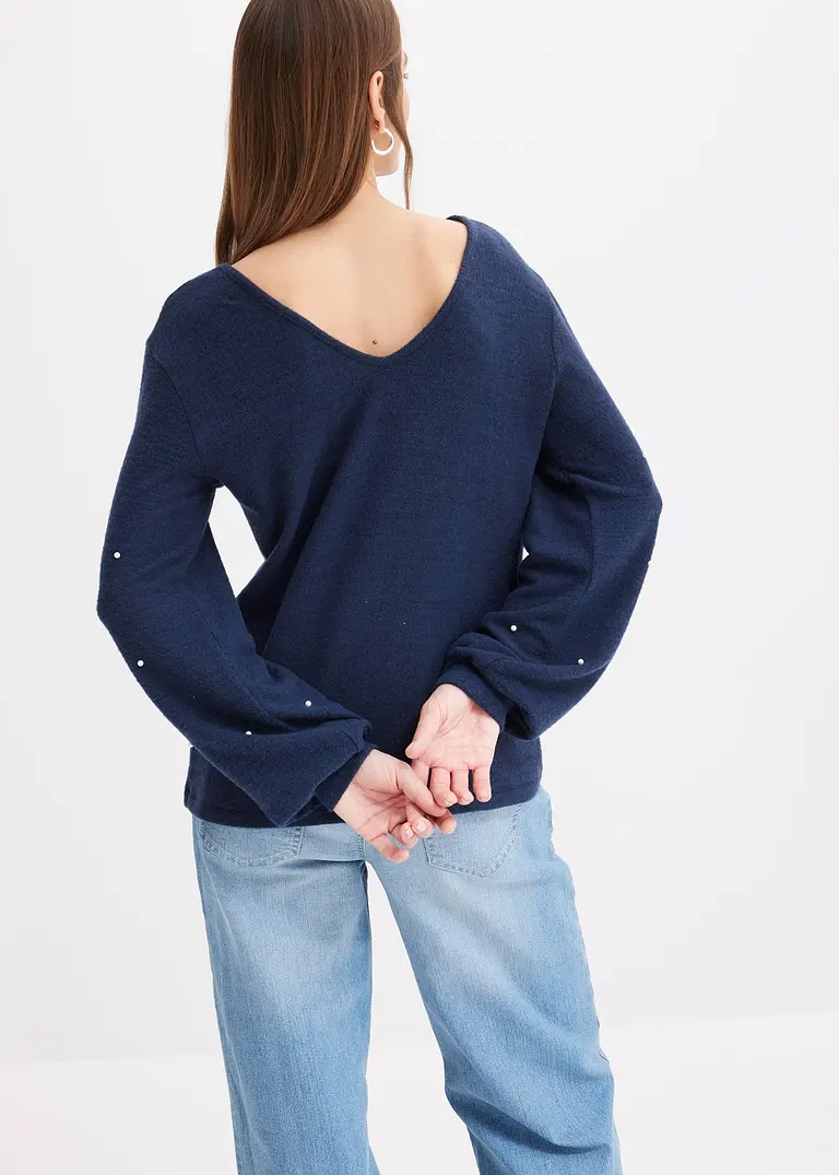 bonprix Kuscheliges Shirt mit dekorativen Perlen - blau - Damen Fabrikverkauf