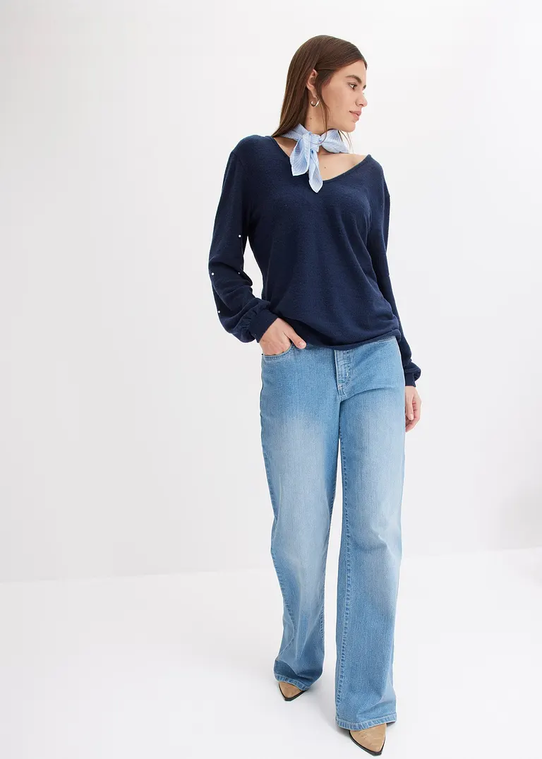 bonprix Kuscheliges Shirt mit dekorativen Perlen - blau - Damen Fabrikverkauf