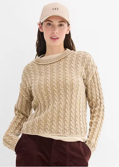 bonprix Kurz geschnittener Strickpullover aus reiner Baumwolle mit Zopfmuster im Washed-Look Meist gekauft