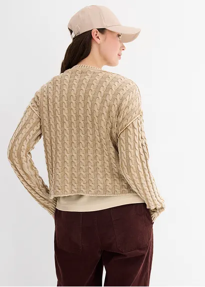 bonprix Kurz geschnittener Strickpullover aus reiner Baumwolle mit Zopfmuster im Washed-Look Meist gekauft