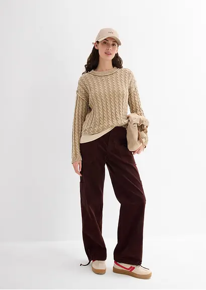 bonprix Kurz geschnittener Strickpullover aus reiner Baumwolle mit Zopfmuster im Washed-Look Meist gekauft