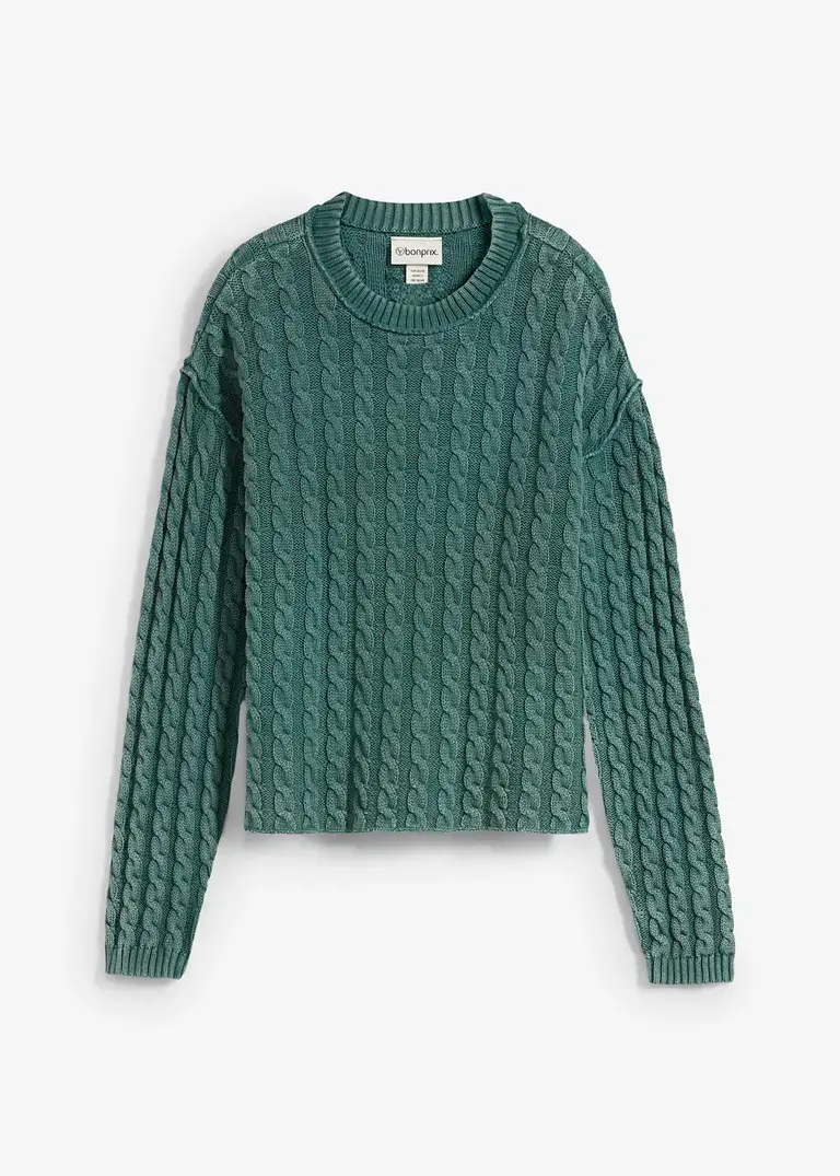 bonprix Kurz geschnittener Strickpullover aus reiner Baumwolle mit Zopfmuster im Washed-Look
