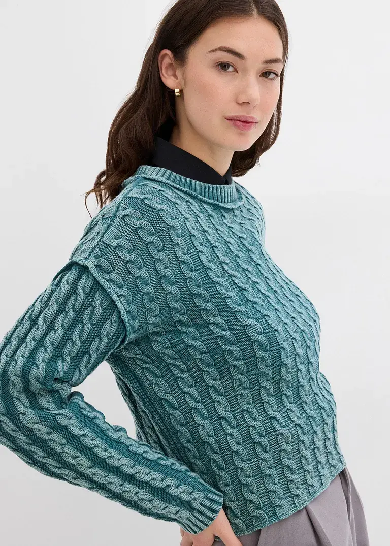 bonprix Kurz geschnittener Strickpullover aus reiner Baumwolle mit Zopfmuster im Washed-Look Blitzverkäufe