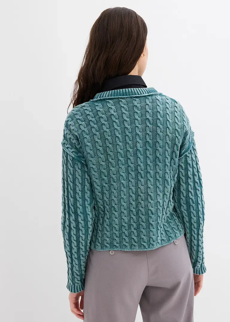 bonprix Kurz geschnittener Strickpullover aus reiner Baumwolle mit Zopfmuster im Washed-Look Blitzverkäufe