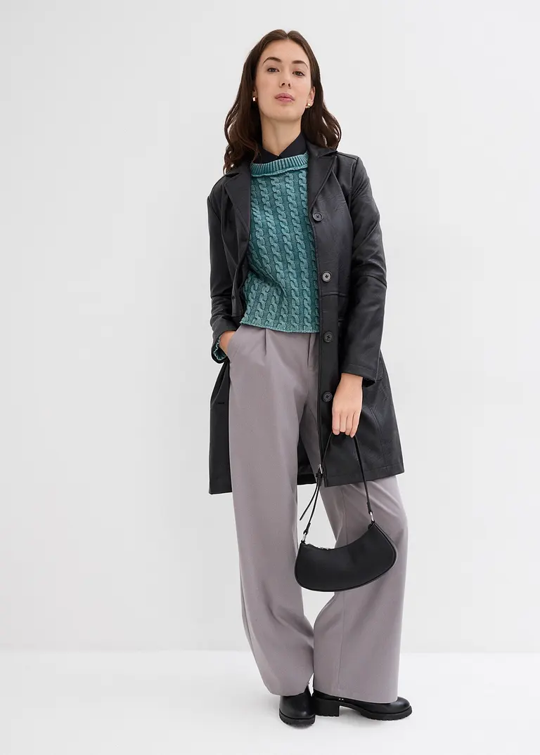 bonprix Kurz geschnittener Strickpullover aus reiner Baumwolle mit Zopfmuster im Washed-Look Blitzverkäufe