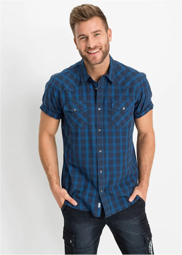 bonprix Kariertes Kurzarmhemd im Westernschnitt - blau - Herren Fabrik Onlineshop